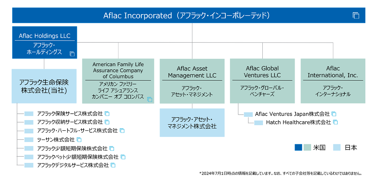 Aflac Incorporated（アフラック・インコーポレーテッド）持株会社 Aflac Holdings LLC アフラック・ホールディングス 保険持株会社 少額短期保険持株会社 アフラック生命保険株式会社 生命保険会社 アフラック保険サービス株式会社 生命保険の代理店業務、受託業務 アフラック収納サービス株式会社 保険料等集金代行業務、受託業務 アフラック・ハートフル・サービス株式会社 オフィスサービスに関する業務（障がい者雇用を目的とした特例子会社） ツーサン株式会社 生命保険・損害保険の代理店業務 アフラック少額短期保険株式会社 少額短期保険業 アフラックペット少額短期保険株式会社 少額短期保険業 アフラックデジタルサービス株式会社 DXサービスの企画・開発・販売業務等 American Family Life Assurance Company of Columbus（Aflac US） アメリカン ファミリー ライフ アシュアランス カンパニー オブ コロンバス 生命保険会社 Aflac Asset Management LLC アフラック・アセット・マネジメント 資産運用会社 アフラック・アセット・マネジメント株式会社 資産運用会社 Aflac International Inc. アフラック・インターナショナル 経営・業務支援会社＜米国・日本（支店）＞ Aflac Global Ventures LLC アフラック・グローバル・ベンチャーズ ベンチャー投資事業に関する持株会社 Aflac Ventures LLC アフラック・ベンチャーズ ベンチャー関連投資支援業務 Aflac Ventures Japan株式会社 子会社の経営管理業務 ベンチャー投資支援業務 新規事業のインキュベーション支援業務 Hatch Healthcare株式会社 ヘルスケア関連事業等