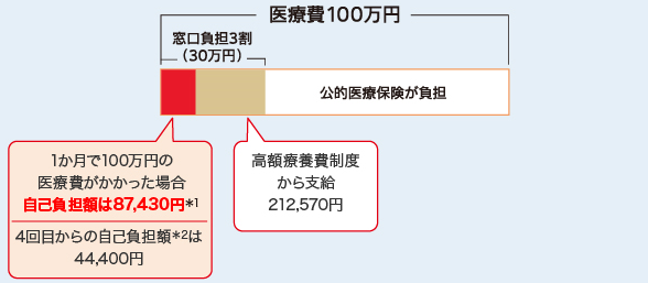 医療費100万円 窓口負担3割（30万円） 1か月で100万円の医療費がかかった場合自己負担額は87,430円＊1 4回目からの自己負担額＊2は44,400円 高額療養費制度から支給212,570円 公的医療保険が負担