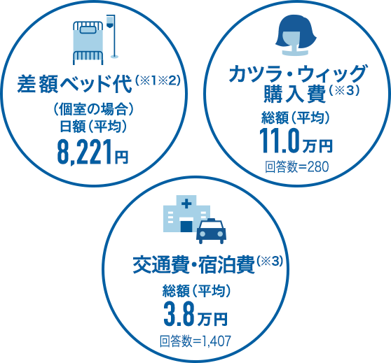 差額ベッド代（個室の場合）日額（平均）8,221円 カツラ・ウィッグ購入費総額（平均）11万円 回答数280 交通費・宿泊費総額（平均）3.8万円 回答数1,407