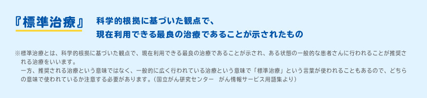 『標準治療』科学的根拠に基づいた観点で、現在利用できる最良の治療であることが示されたもの ※標準治療とは、科学的根拠に基づいた観点で、現在利用できる最良の治療であることが示され、ある状態の一般的な患者さんに行われることが推奨される治療をいいます。 一方、推奨される治療という意味ではなく、一般的に広く行われている治療という意味で「標準治療」という言葉が使われることもあるので、どちらの意味で使われているか注意する必要があります。（国立がん研究センター　がん情報サービス用語集より）