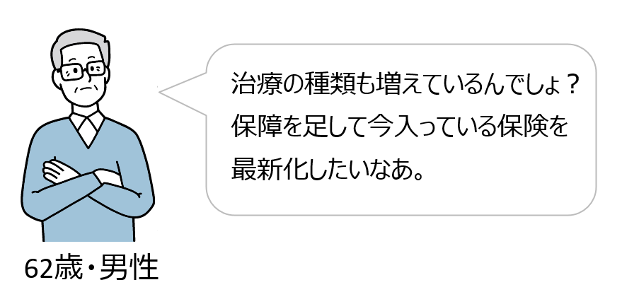 62歳・男性 治療の種類も増えているんでしょ？保障を足して今入っている保険を最新化したいなあ。