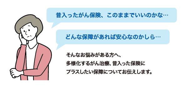 昔入ったがん保険、このままでいいのかな・・・ どんな保障があれば安心なのかしら・・・そんなお悩みがある方へ、多様化するがん治療、昔入った保険にプラスしたい保障についてお伝えします。