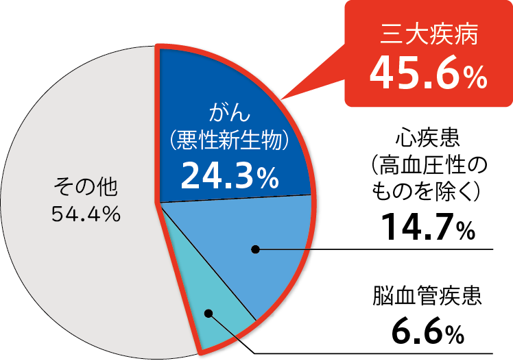 がん（悪性新生物）26.5％ 心疾患14.9％ 老衰10.6％ 脳血管疾患7.3％ その他