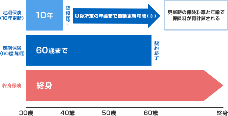 定期保険（10年更新） 10年 契約終了 以後所定の年齢まで自動更新可能（※） 更新時の保険料率と年齢で保険料が再計算される 定期保険（60歳満期） 60歳まで 契約終了 終身保険 終身