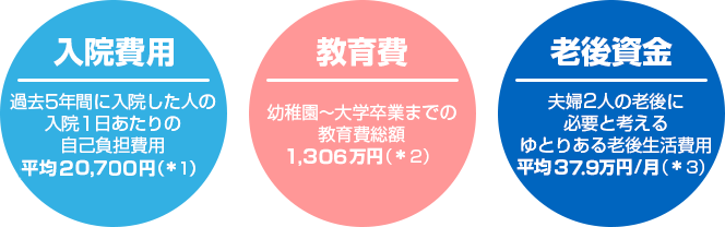 入院費用 過去5年間に入院した人の入院1日あたりの自己負担費用 平均20,700円（*1） 教育費 幼稚園～大学卒業までの教育費総額 1,306万円（*2） 老後資金 夫婦2人の老後に必要と考えるゆとりある老後生活費用 平均37.9万円/月（*3）