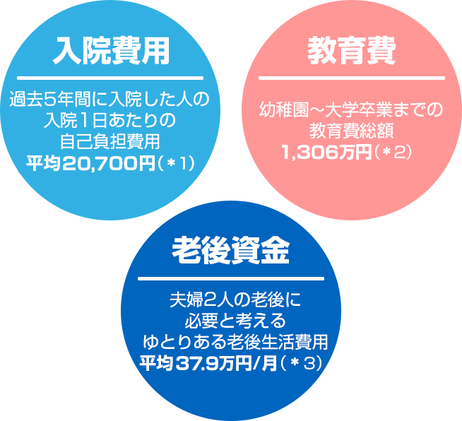 入院費用 過去5年間に入院した人の入院1日あたりの自己負担費用 平均20,700円（*1） 教育費 幼稚園～大学卒業までの教育費総額 1,306万円（*2） 老後資金 夫婦2人の老後に必要と考えるゆとりある老後生活費用 平均37.9万円/月（*3）