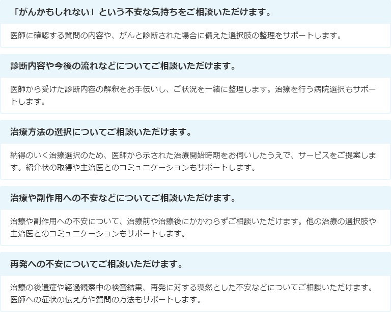 「がんかもしれない」という不安な気持ちをご相談いただけます。 医師に確認する質問の内容や、がんと診断された場合に備えた選択肢の整理をサポートします。 診断内容や今後の流れなどについてご相談いただけます。 医師から受けた診断内容の解釈をお手伝いし、ご状況を一緒に整理します。治療を行う病院選択もサポートします。 治療方法の選択についてご相談いただけます。 納得のいく治療選択のため、医師から示された治療開始時期をお伺いしたうえで、サービスをご提案します。紹介状の取得や主治医とのコミュニケーションもサポートします。 治療や副作用への不安などについてご相談いただけます。 治療や副作用への不安について、治療前や治療後にかかわらずご相談いただけます。他の治療の選択肢や主治医とのコミュニケーションもサポートします。 再発への不安についてご相談いただけます。 治療の後遺症や経過観察中の検査結果、再発に対する漠然とした不安などについてご相談いただけます。医師への症状の伝え方や質問の方法もサポートします。