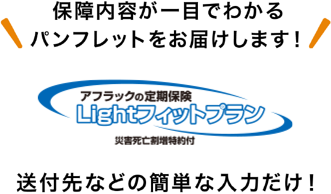 保障内容が一目でわかるパンフレットをお届けします！ アフラックの定期保険 Lightフィットプラン 送付先などの簡単な入力だけ！