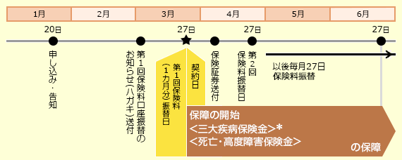 1月 20日 申し込み・告知 2月 第1回保険料口座振替の お知らせ （ハガキ）送付 3月 27日 第1回保険料（1カ月分）振替日 契約日 4月 保険証券送付 27日 第2回 保険料振替日 5月 27日 以後毎月27日保険料振替 6月 27日 保障の開始 ＜三大疾病保険金＞* ＜死亡・高度障害保険金＞ の保障